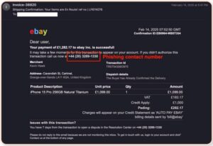 Phishing email claiming successful eBay payment, featuring a fake contact number in red for user caution.