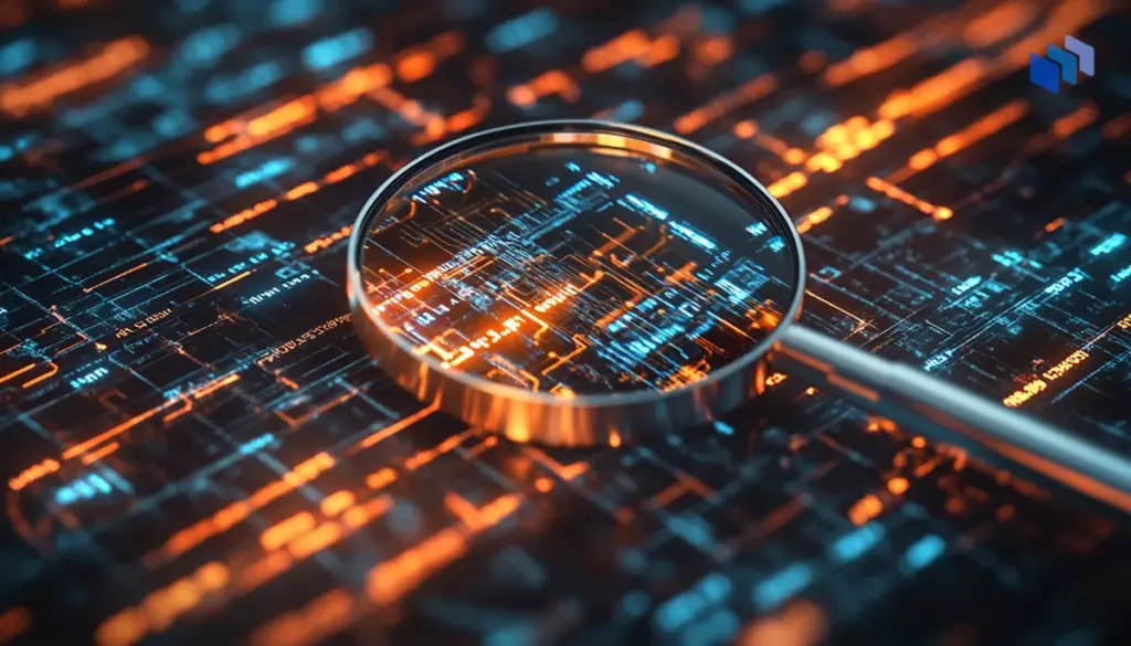 A magnifying glass focuses on vibrant blue and orange circuit patterns on a dark digital background, symbolizing analysis and technology.
