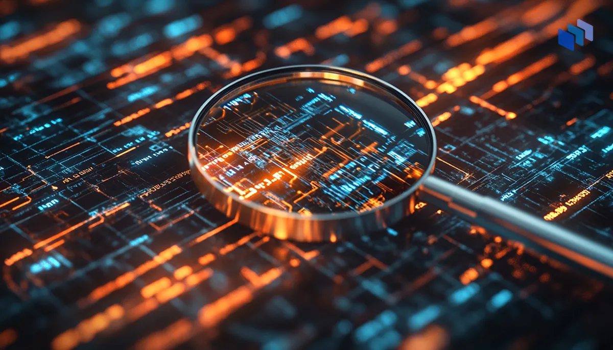 A magnifying glass focuses on vibrant blue and orange circuit patterns on a dark digital background, symbolizing analysis and technology.