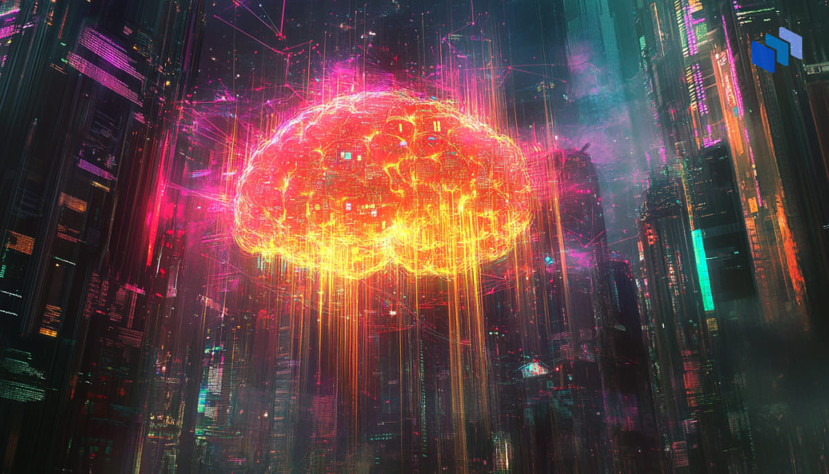 A vibrant, glowing brain made of neon lights floats above a futuristic cityscape, surrounded by colorful digital patterns.