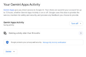 Screenshot of the Gemini Apps Activity page, showing options for managing activity and deleting data older than 18 months.
