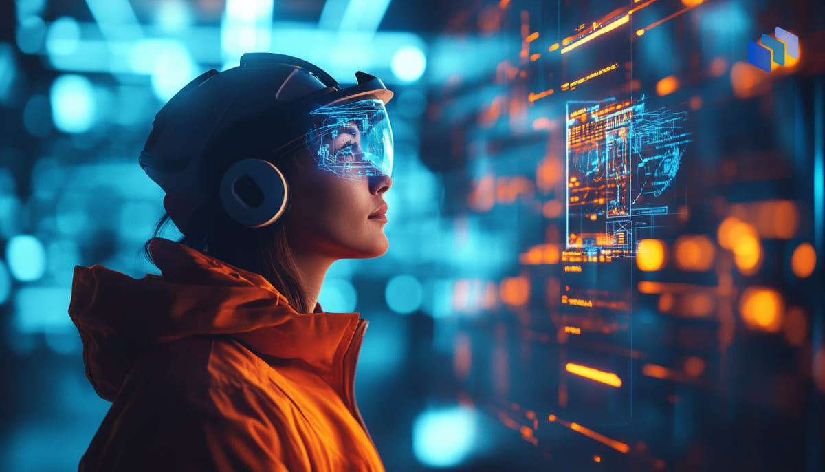 A figure in an orange jacket and safety helmet stands before a digital screen displaying vibrant blue and orange abstract data visuals.
