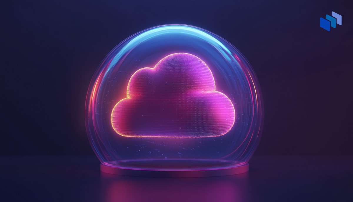 A glowing digital cloud enclosed in a transparent dome, symbolizing secure and sovereign cloud storage, with a futuristic and minimalistic design on a dark background.