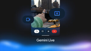 A hand pointing at a cityscape with a video recording interface overlay labeled "Gemini Live" and control buttons displayed.