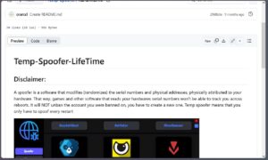 Image of a GitHub README for "Temp-Spoofer-LifeTime," explaining the software's function to modify hardware identifiers for untracking.