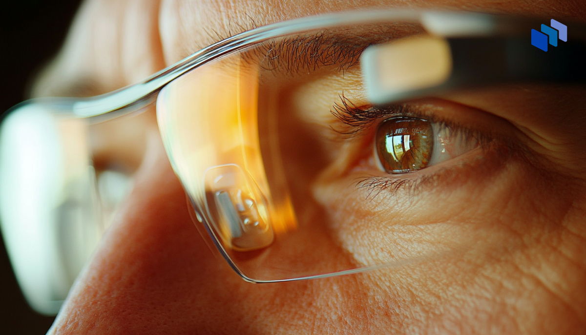Close-up of a person's eye, wearing glasses that reflect warm light, showcasing detailed eyelashes and the intricacies of their iris.