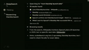 A search interface displays results for "next Starship launch date," including links, a browsing section, and notes on launch information.