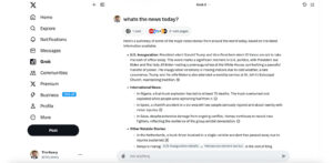 A news summary on a Grok platform detailing significant global events including U.S. inauguration and international incidents.