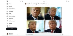 A Grok interface showcasing a request for an image of President Trump, with several images displayed.