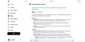 A screenshot of an article summary on WebMD discussing cancer diagnosis and treatment methodologies, with various sections outlined.
