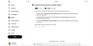 A Grok displaying trending topics on X (formerly Twitter) with insights on popular posts about SpaceX, basketball, and cryptocurrency.