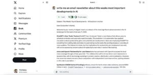 A Grok interface displays an email newsletter discussing the latest AI developments, featuring various subsections and topics.