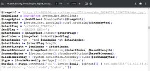 A code snippet in a programming interface, showcasing a script utilizing PowerShell for downloading and processing data from a URL.