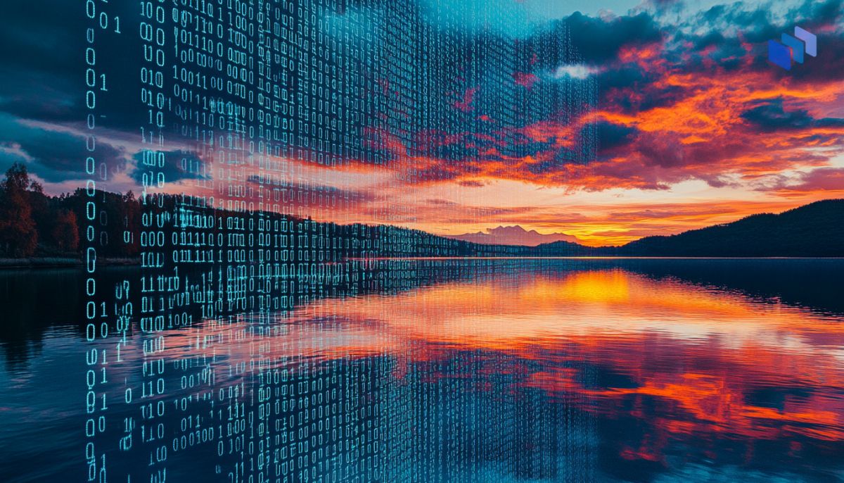 A vibrant sunset over a calm lake, overlaid with a pattern of binary code, blending nature with technology.