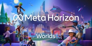 A vibrant digital scene showcasing animated characters engaging in activities, surrounded by futuristic landscapes, under a bright sky.
