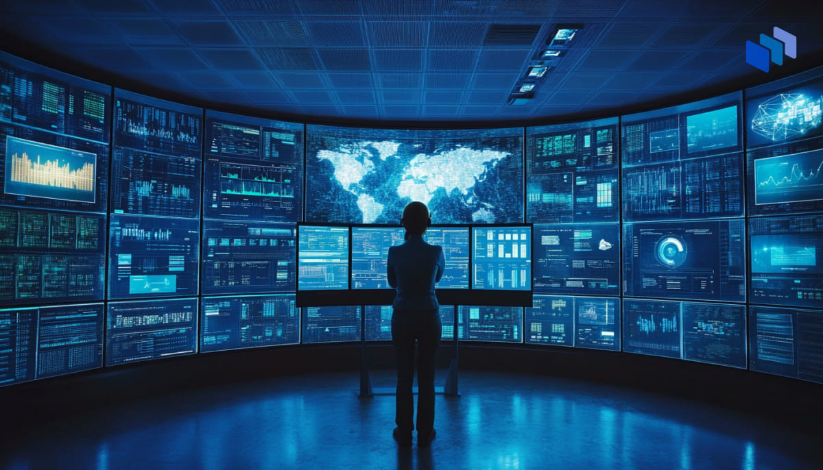 A person stands in front of multiple screens displaying data visualizations and a world map in a futuristic, dimly lit control room.