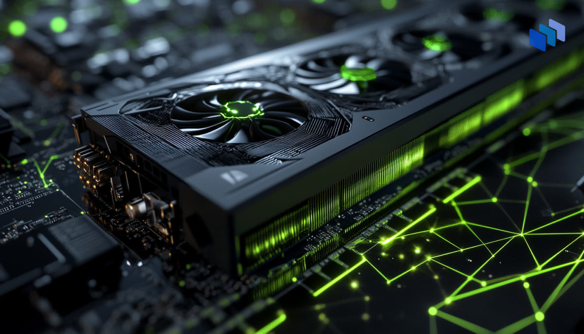 Close-up of a high-performance graphics card with green LED accents, set against a dark circuit board background.