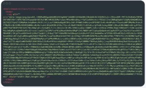 A screenshot of HTML code displaying a base64 encoded image, shown in a code editor with a dark theme.