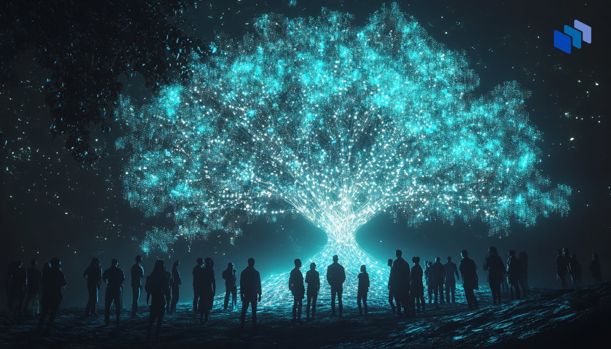 A glowing digital tree made of light and data connections, surrounded by silhouettes of people, symbolizing Reddit’s growth, human-centered community, and the intersection of privacy and AI.