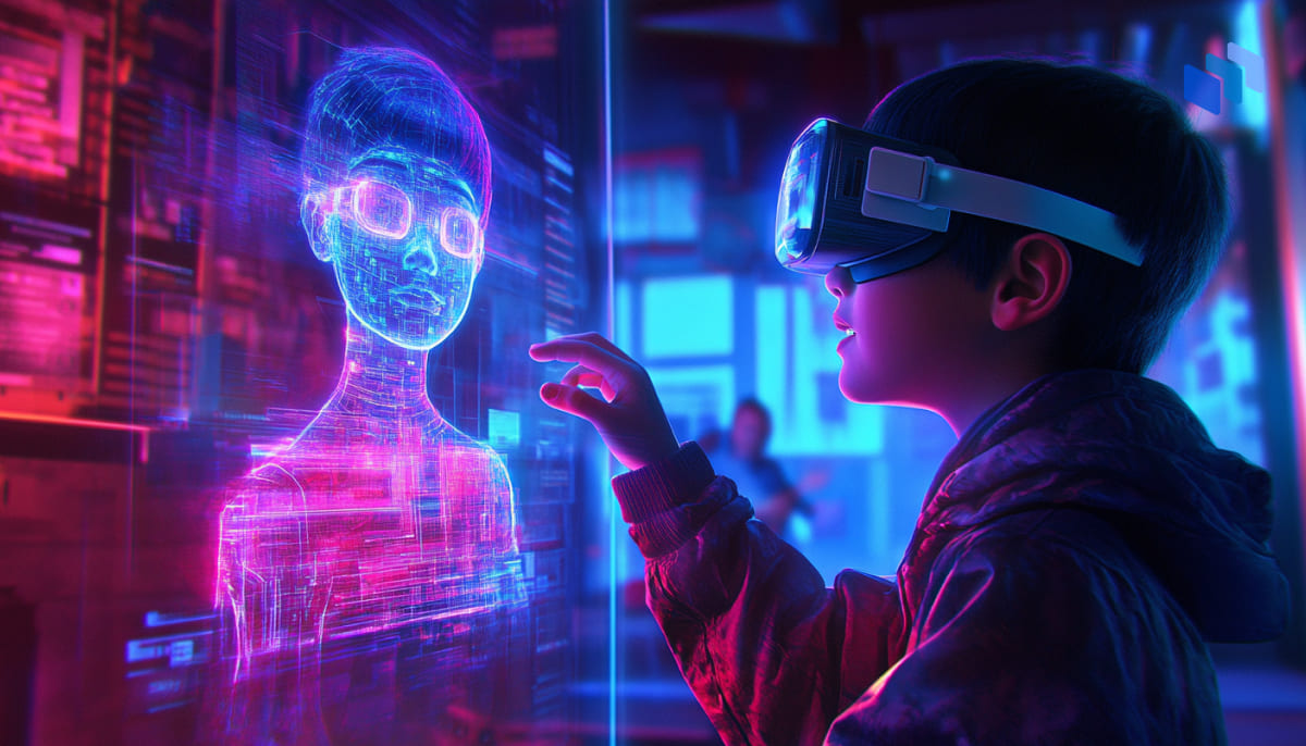 A child wearing virtual reality goggles interacts with a glowing, holographic figure in a vibrant, tech-inspired environment.