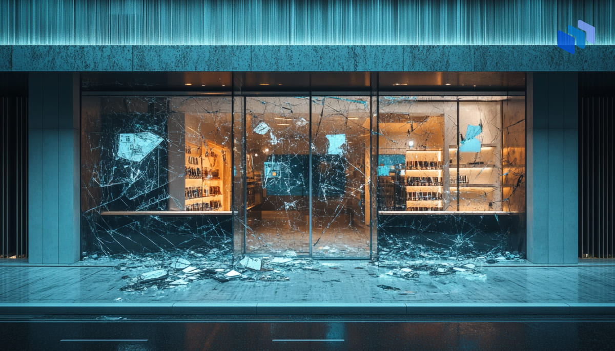 Broken storefront glass of a retail shop, symbolizing the vulnerability of retail businesses to cyberattacks and security breaches.