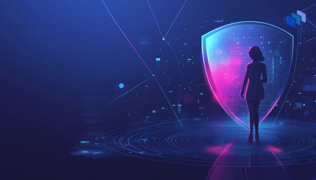 A silhouette of a woman stands before a vibrant, digital shield symbolizing cybersecurity, surrounded by abstract tech elements.