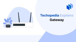 Illustration of a network gateway router with antennas, alongside text describing its function in routing traffic between incompatible networks.
