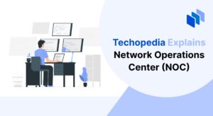 Illustration of a person sitting at a desk with multiple monitors, representing a Network Operations Center (NOC), alongside the text "Techopedia Explains Network Operations Center (NOC)".