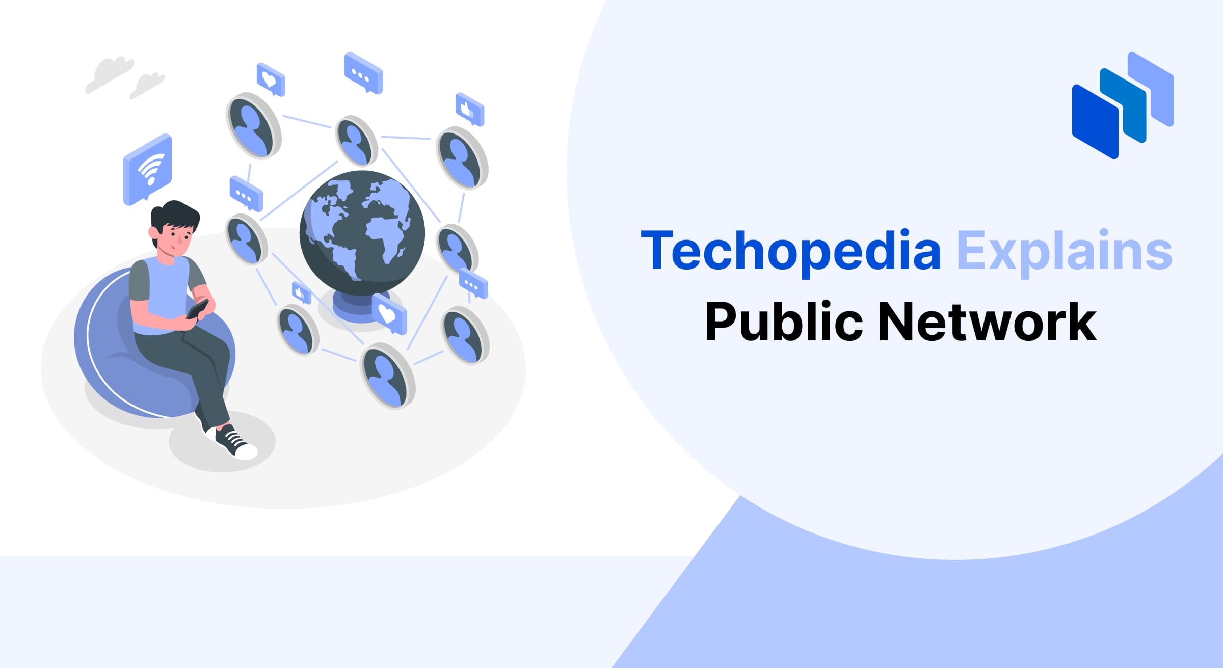 Illustration of a person using a mobile device connected to a global public network, with icons representing user profiles and wireless signals around the globe, alongside the text "Techopedia Explains Public Network."