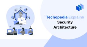 Graphic depicting a security expert explaining security architecture, with icons representing cyber threats and protective measures.
