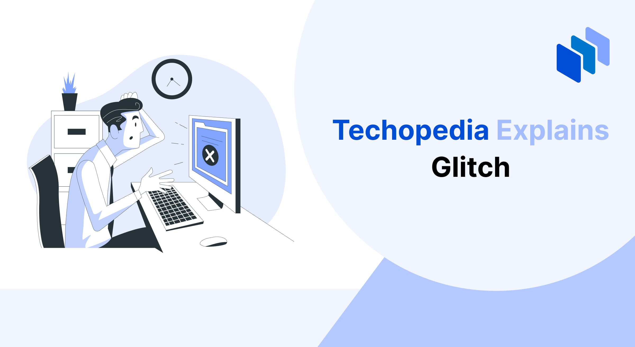 A stressed man in an office reacts to a glitch on his computer screen, with a clock and cabinet in the background. Techopedia logo displayed.