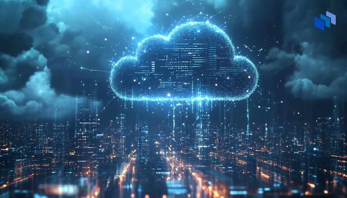 A glowing, digital cloud hovers above a city skyline, surrounded by vibrant data streams and atmospheric clouds.