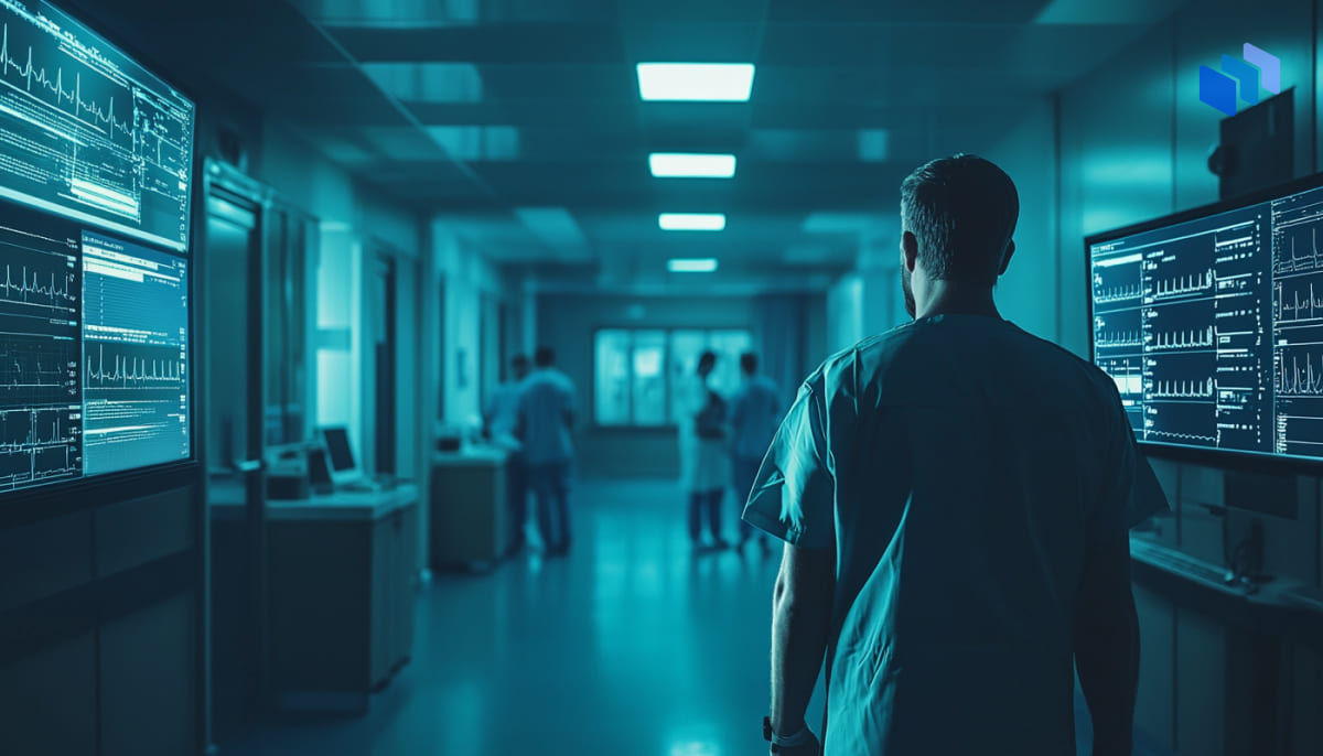 A medical professional in scrubs stands with their back to the camera, facing multiple screens displaying heart monitoring data in a dimly lit hospital corridor.
