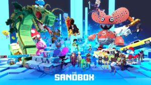 A vibrant, animated scene featuring diverse characters and creatures from The Sandbox, set against a colorful digital backdrop.