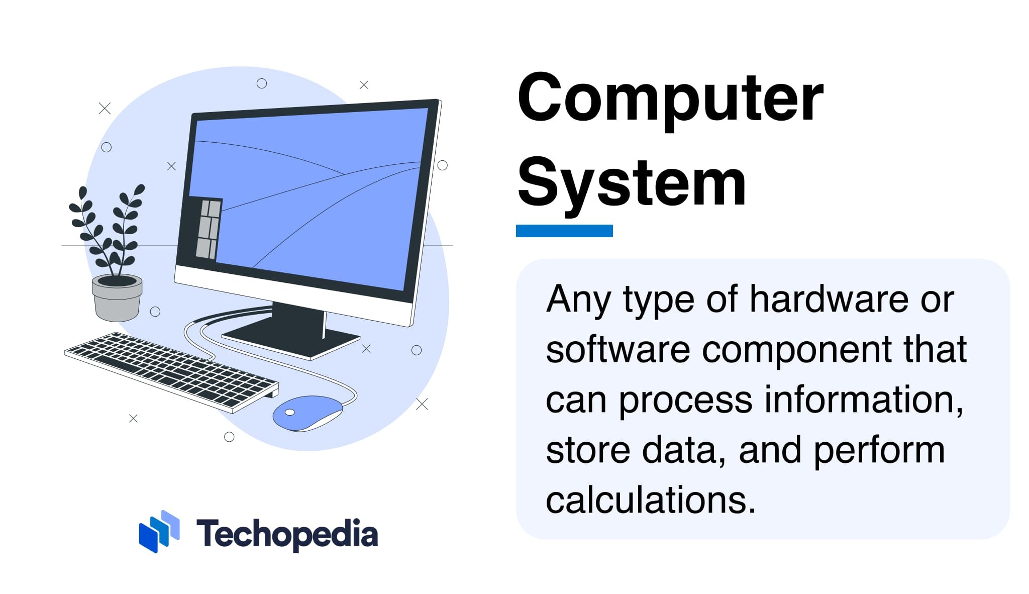 Illustration of a computer system with a monitor, keyboard, and mouse, accompanied by a definition stating that it includes any hardware or software that processes information, stores data, and performs calculations