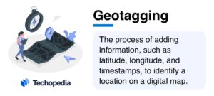 An illustration depicting geotagging, featuring a person reading a map with a location pin and compass, accompanied by descriptive text.