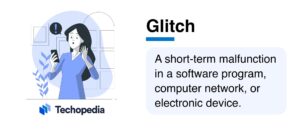 A surprised woman with a smartphone, next to a definition of "glitch" related to software malfunctions, on a minimalist background.