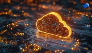 Glowing digital cloud icon representing cloud storage, integrated into a futuristic circuit board with orange lights and a high-tech data environment.