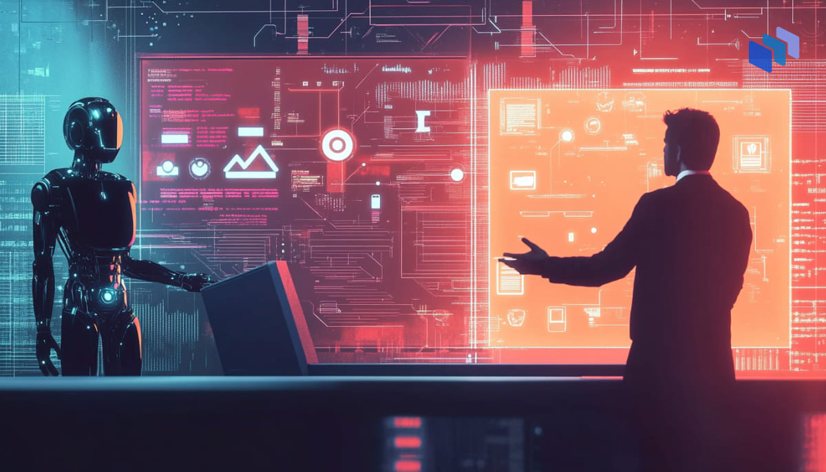 A human in a suit gestures towards a holographic interface while interacting with a humanoid robot in a futuristic setting.