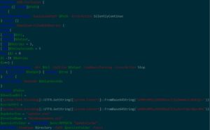 A screenshot of PowerShell code with functions for adding exclusions and downloading files with retries, highlighted in various colors.