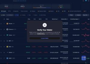 A cryptocurrency exchange interface displaying top coins, market data, and a pop-up prompting wallet verification for access.