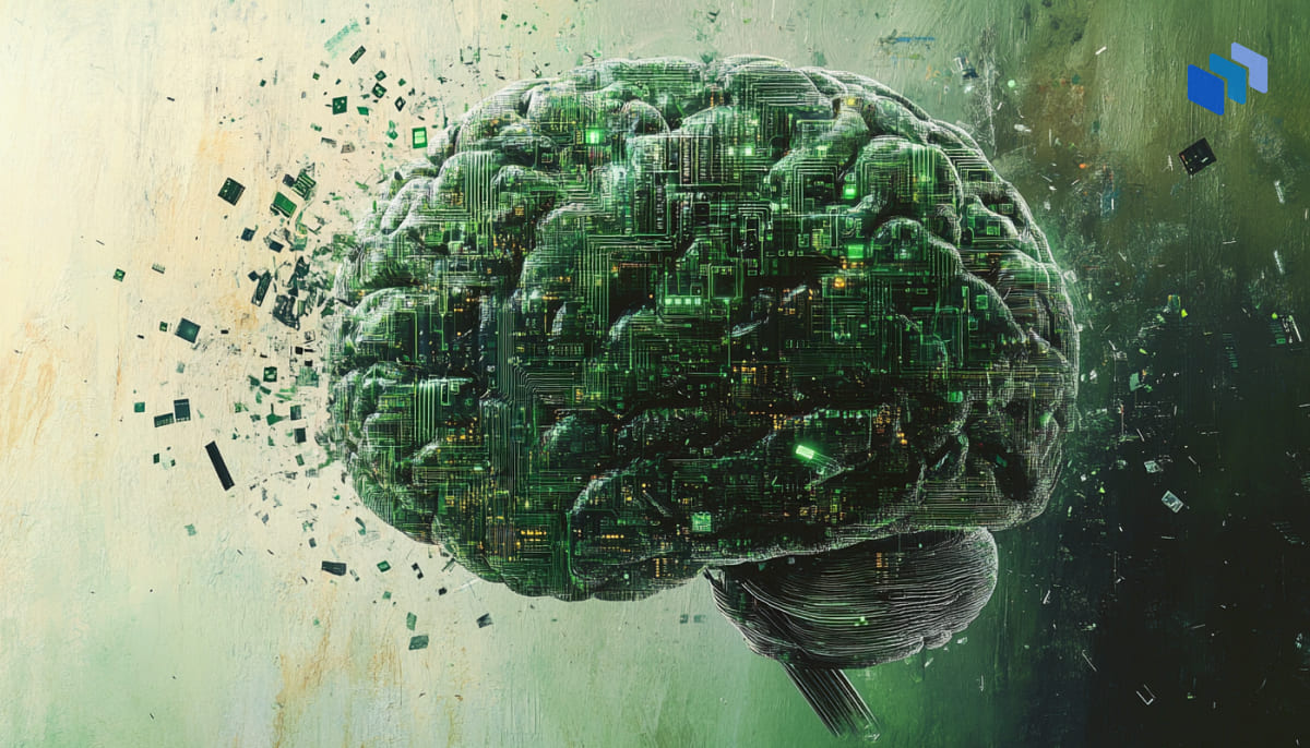 A digital brain made of circuit patterns explodes, releasing green debris against a textured, light background.