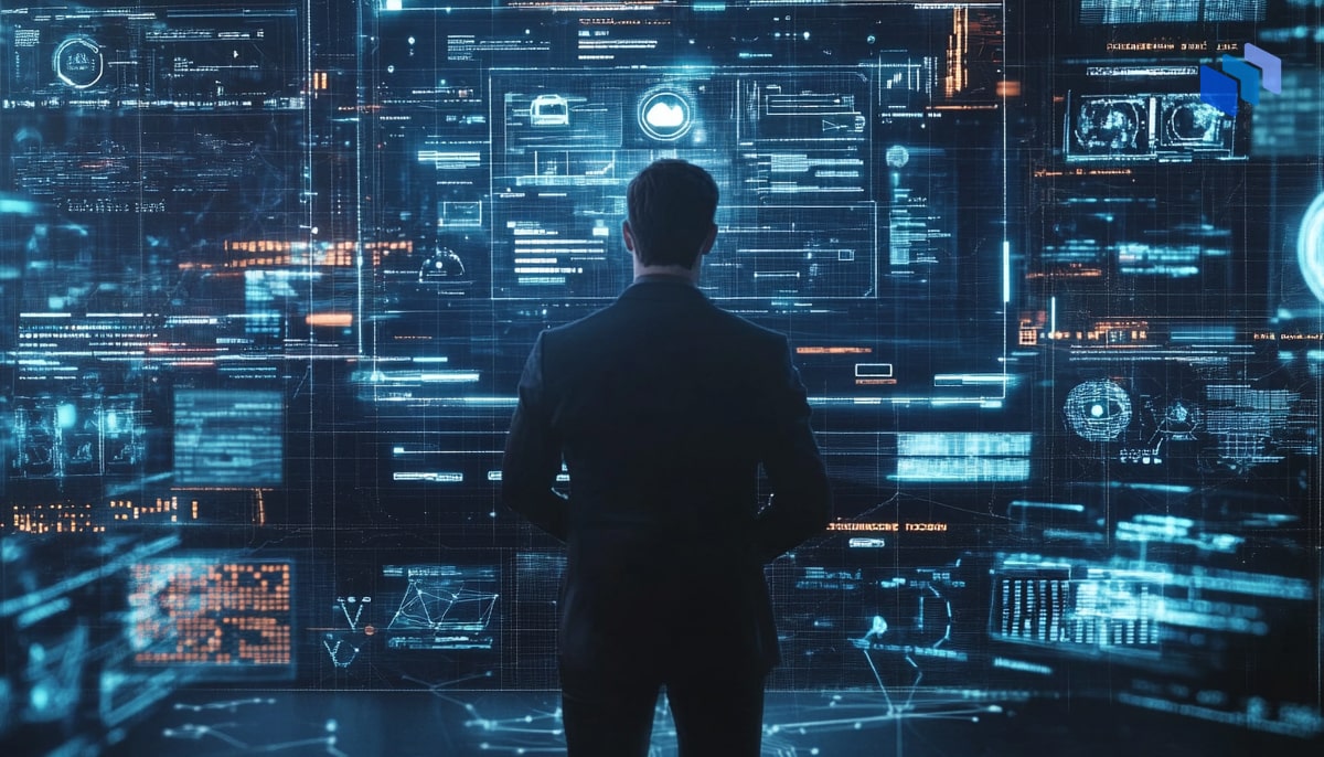 A business professional in a suit stands before a digital interface filled with data visualizations and analytics.