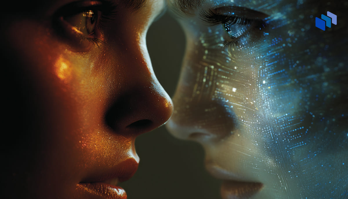 A split image with warm brown tones on the left and cool blue-green hues on the right, creating a contrasting visual effect.