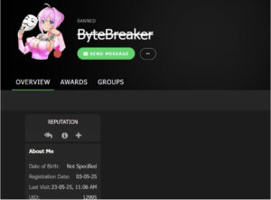 Profile of user "ByteBreaker," marked as banned, featuring an anime character and details like registration and last visit dates.