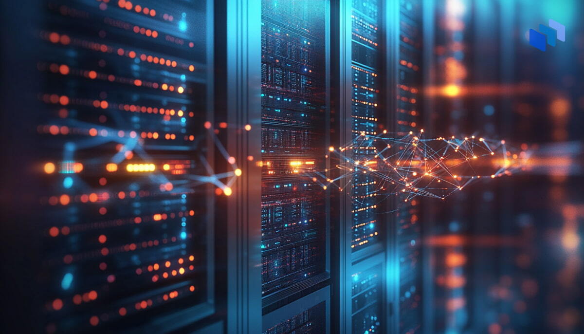 Quantum data network concept with glowing entangled nodes connecting server racks in a futuristic data center.