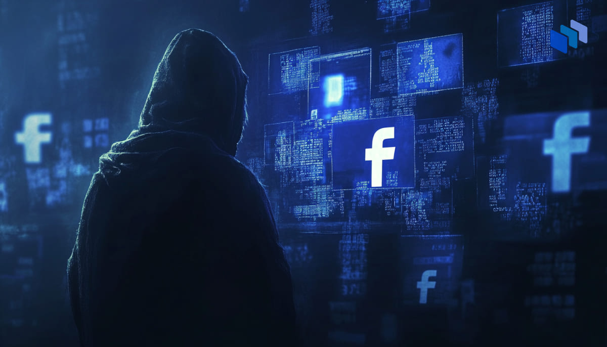 A hooded figure stands in front of floating blue Facebook logos and digital data, creating a mysterious, digital atmosphere.