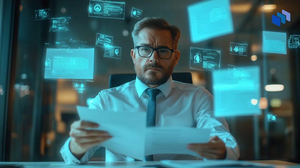A suited individual examines documents while holographic data and charts float around them in a modern office setting.