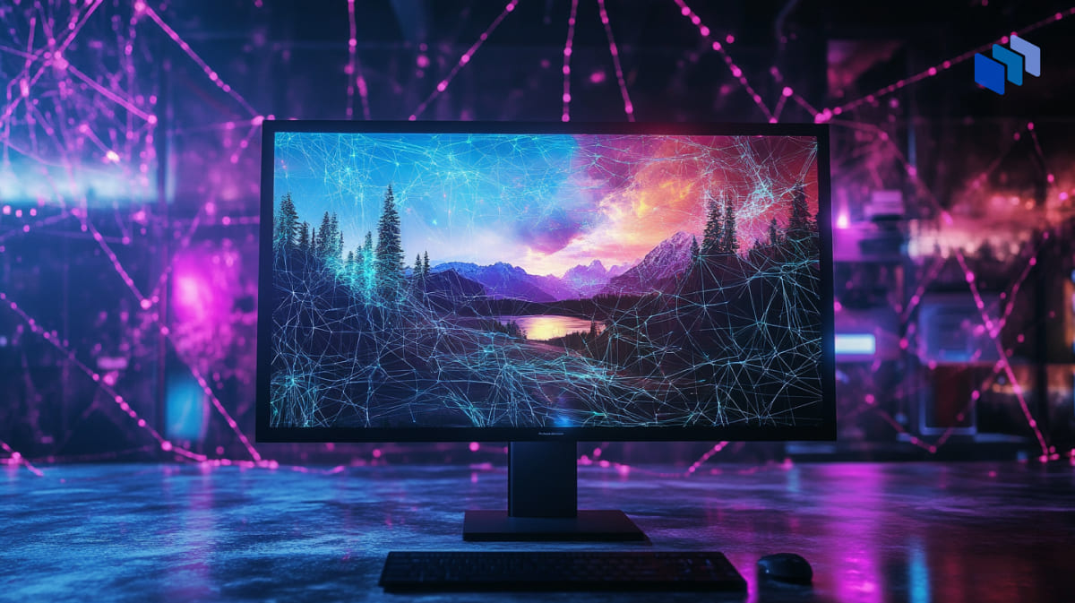 AI-generated nature image on a computer screen, surrounded by neural network lines, illustrating GPT-4o in Microsoft Copilot.