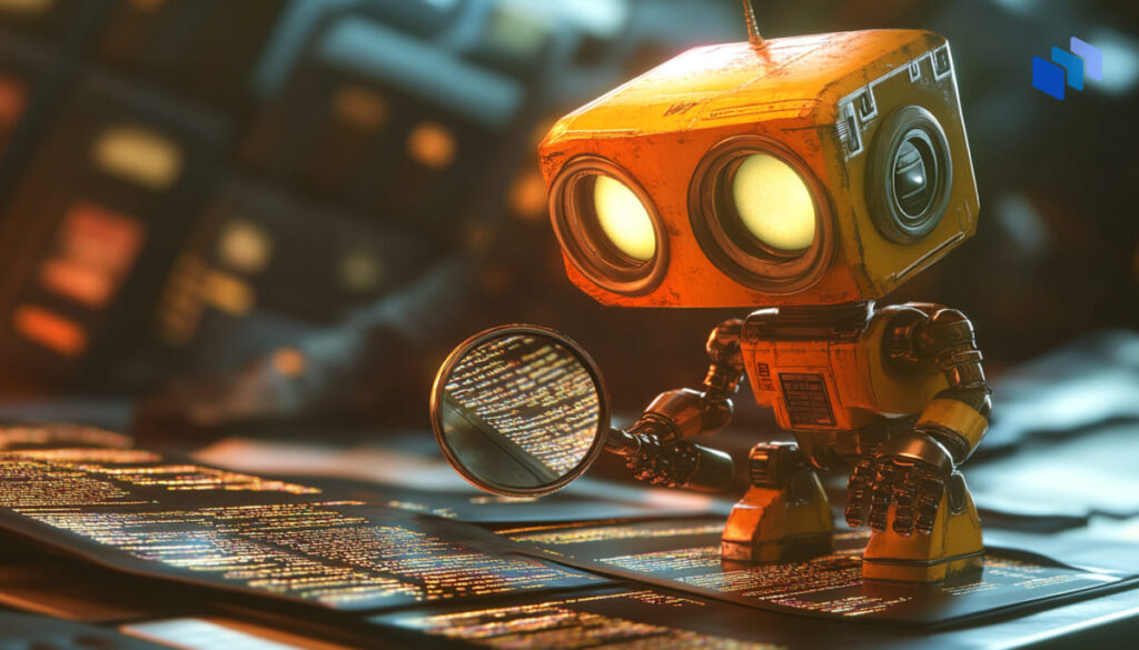 A cute, yellow robot examines glowing data on a digital screen using a magnifying glass, surrounded by high-tech equipment.
